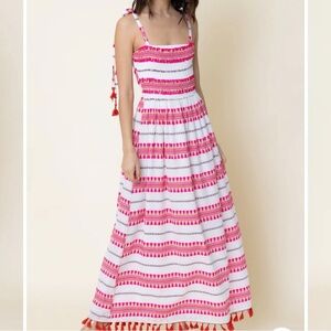 En Creme Pink White Striped Tassel Smocked Maxi Dress Women Small Boho Tie Strap
